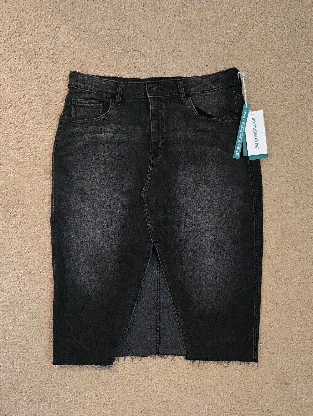 H&M Black Washed Denim Pencil Skirt with Center Slit Sz 12